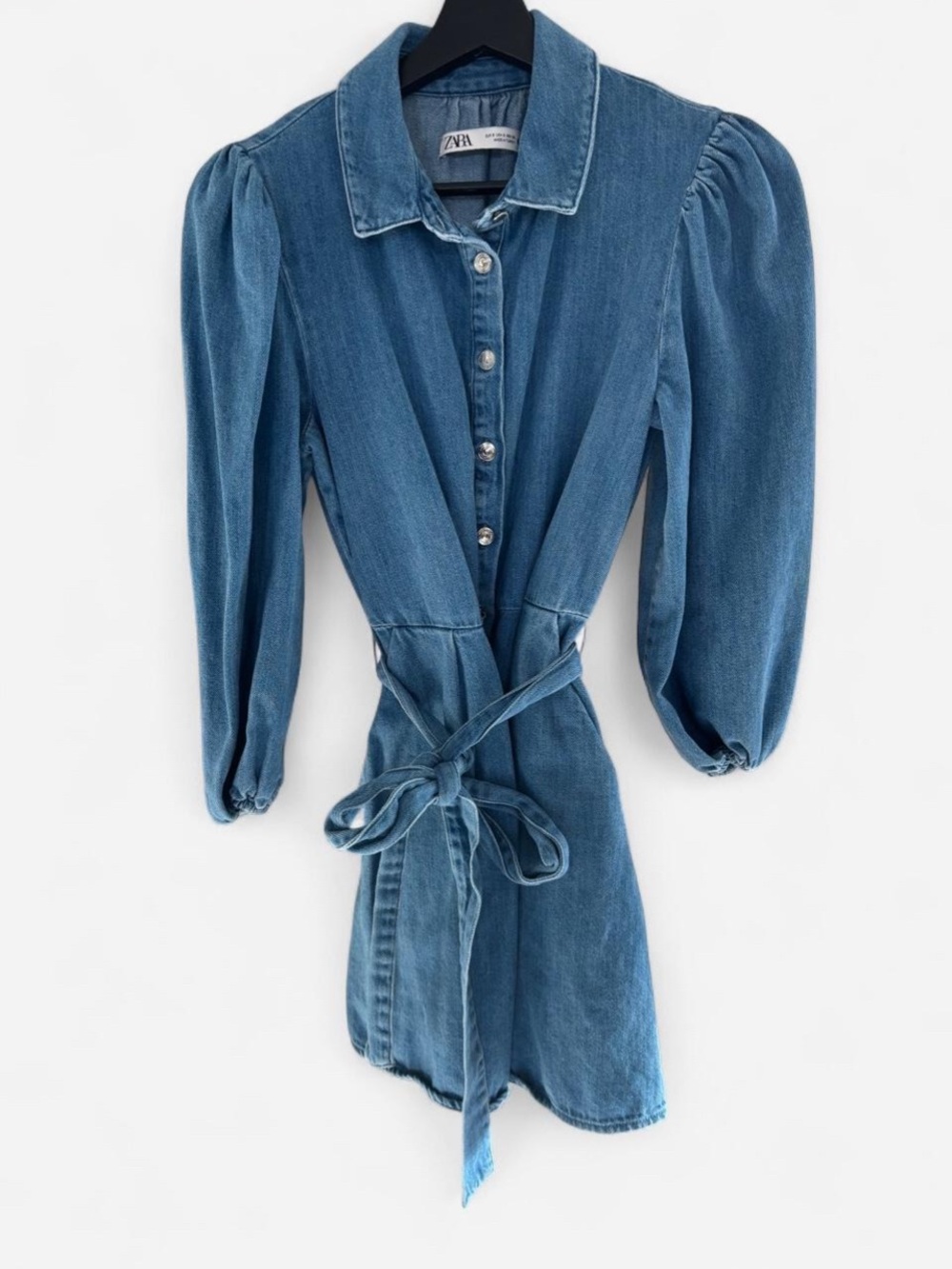 Zara Denim Shirt Dress Small Puff Sleeve Button Front Belted Blue Mini Dress